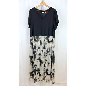 LOGO Lori Goldstein Print and Solid Maxi Dress Short Sleeve V Neck Black Multi L